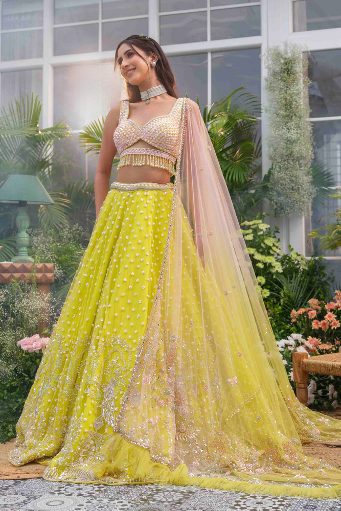 Load image into Gallery viewer, Naira Lime Veil Lehenga