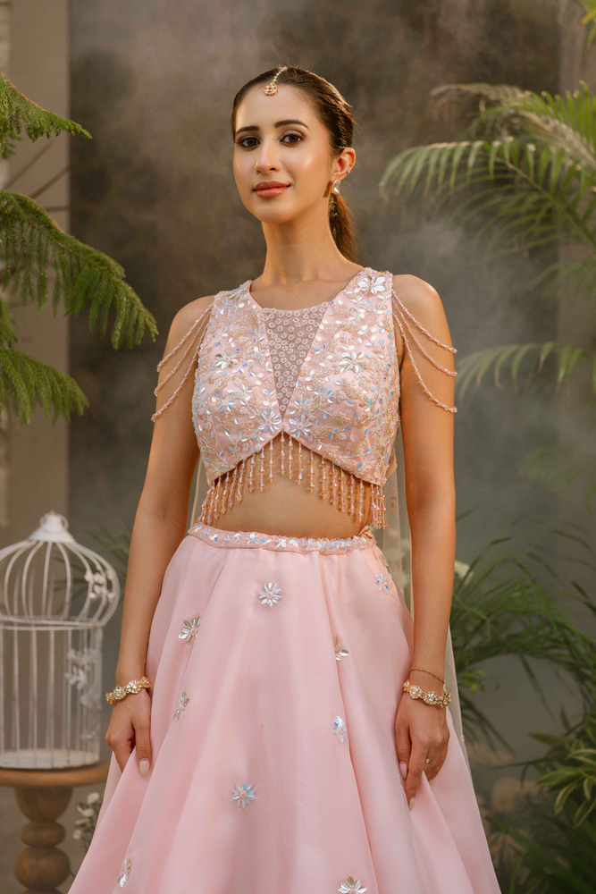 Load image into Gallery viewer, Biwa Pink Cape Lehenga