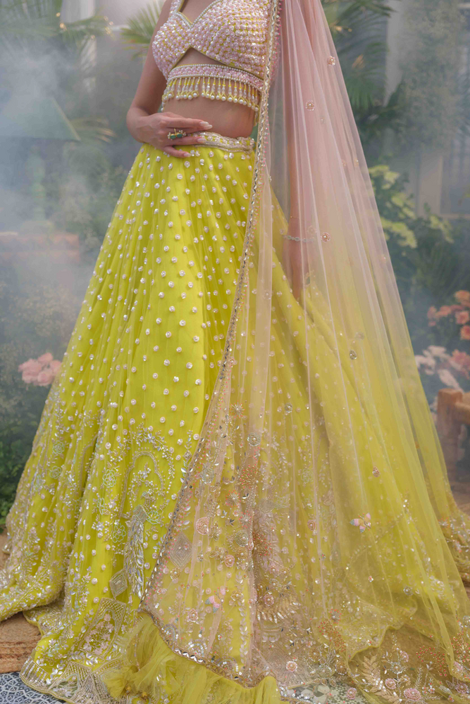 Load image into Gallery viewer, Naira Lime Veil Lehenga