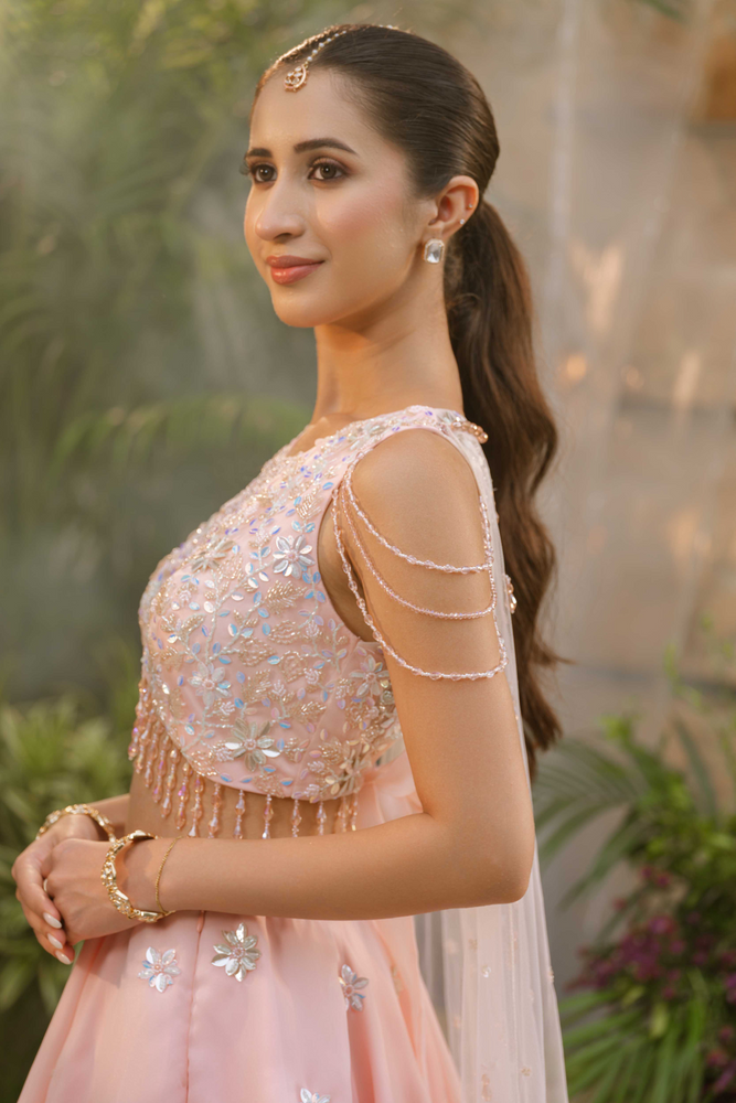 Load image into Gallery viewer, Biwa Pink Cape Lehenga
