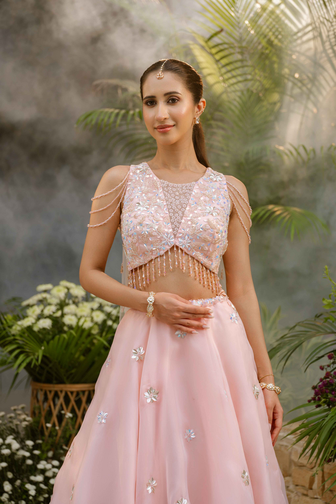 Load image into Gallery viewer, Biwa Pink Cape Lehenga
