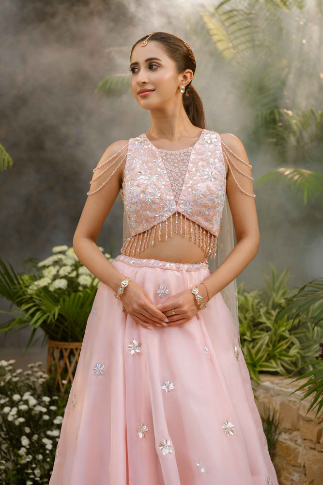 Load image into Gallery viewer, Biwa Pink Cape Lehenga
