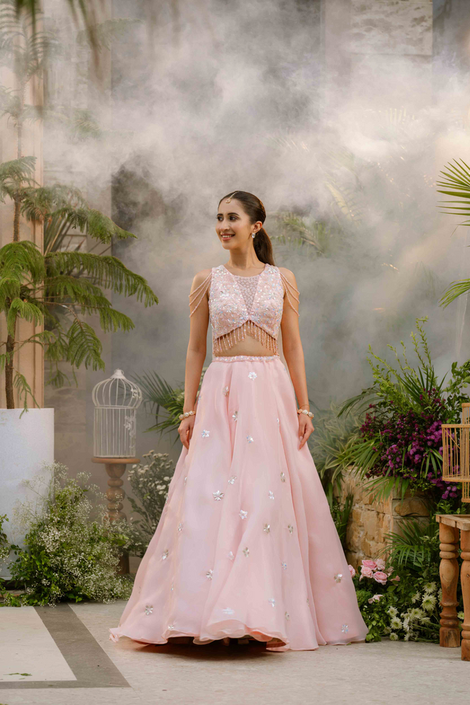 Load image into Gallery viewer, Biwa Pink Cape Lehenga
