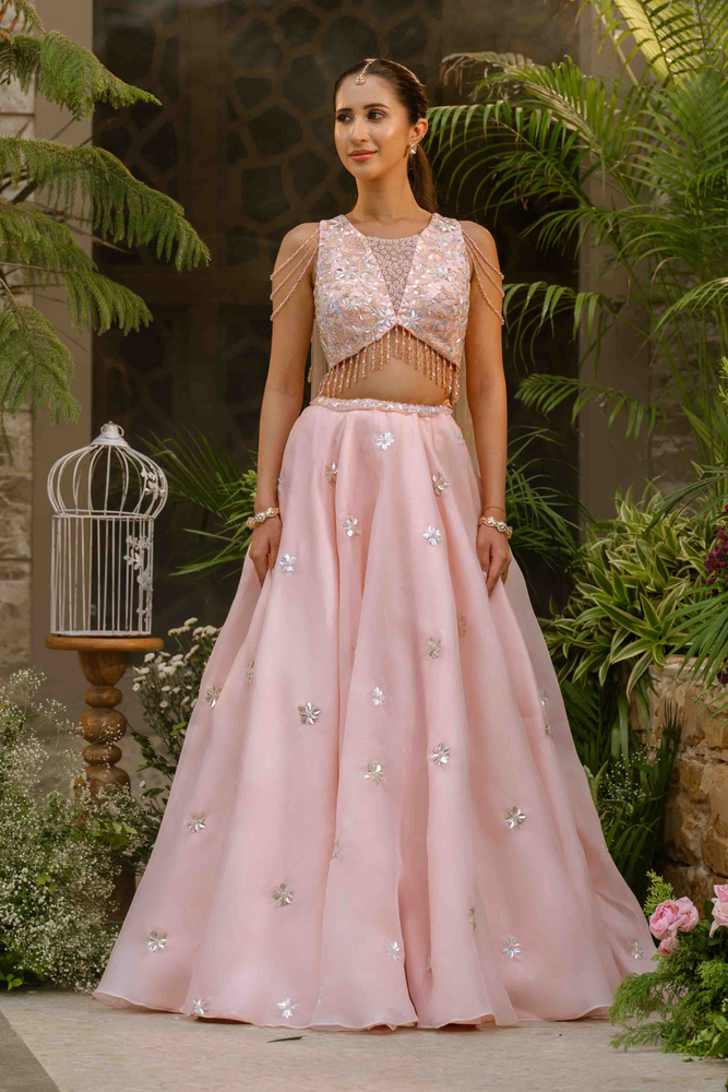 Load image into Gallery viewer, Biwa Pink Cape Lehenga
